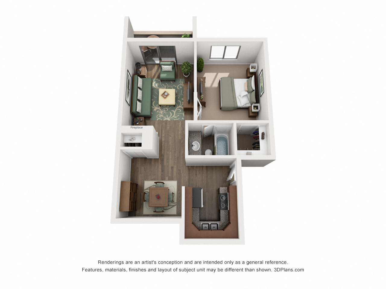 Floor plan for 1 bed, 1 bath, 790 sqft